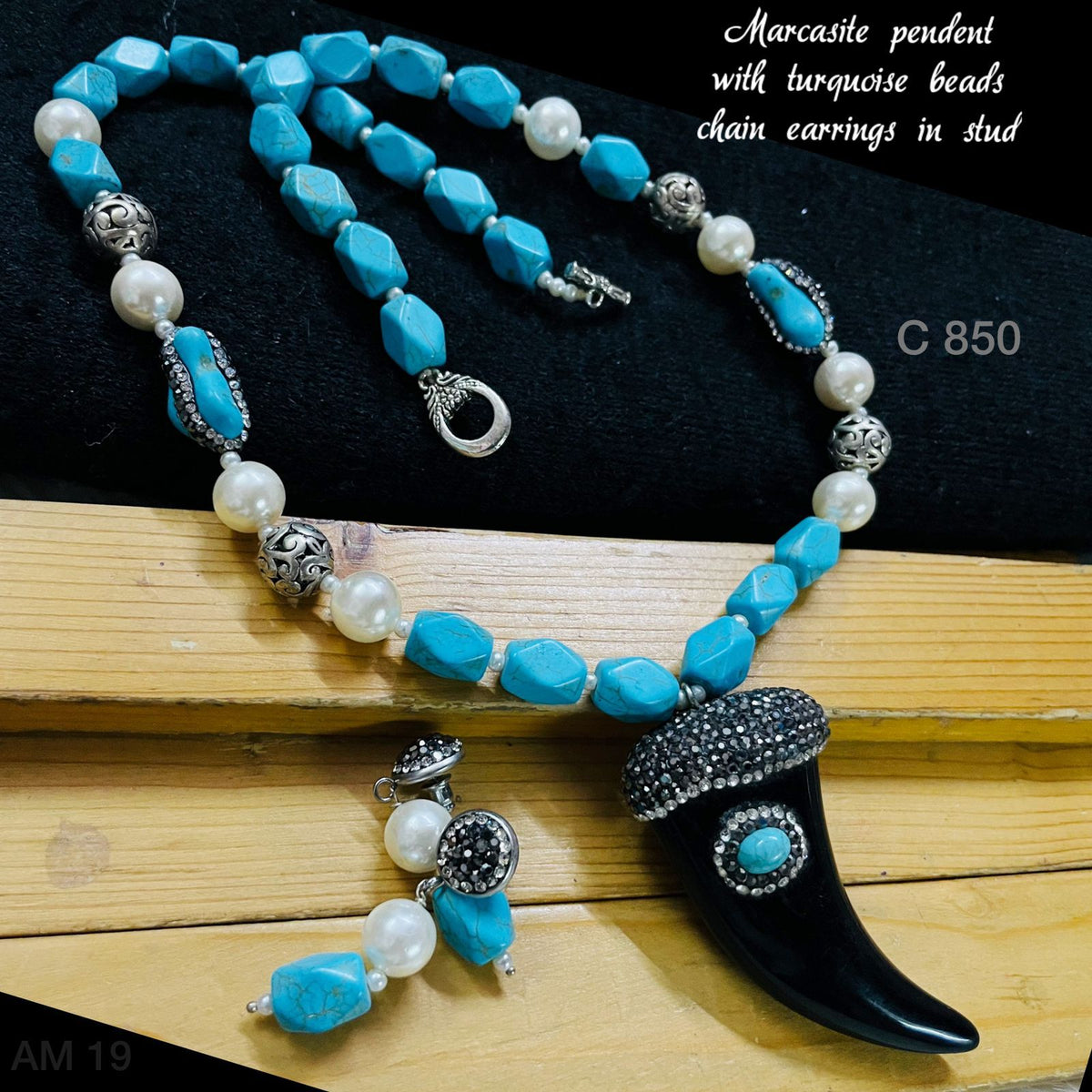 Marcasite pendant turquoise beads chain earring