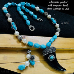 Marcasite pendant turquoise beads chain earring