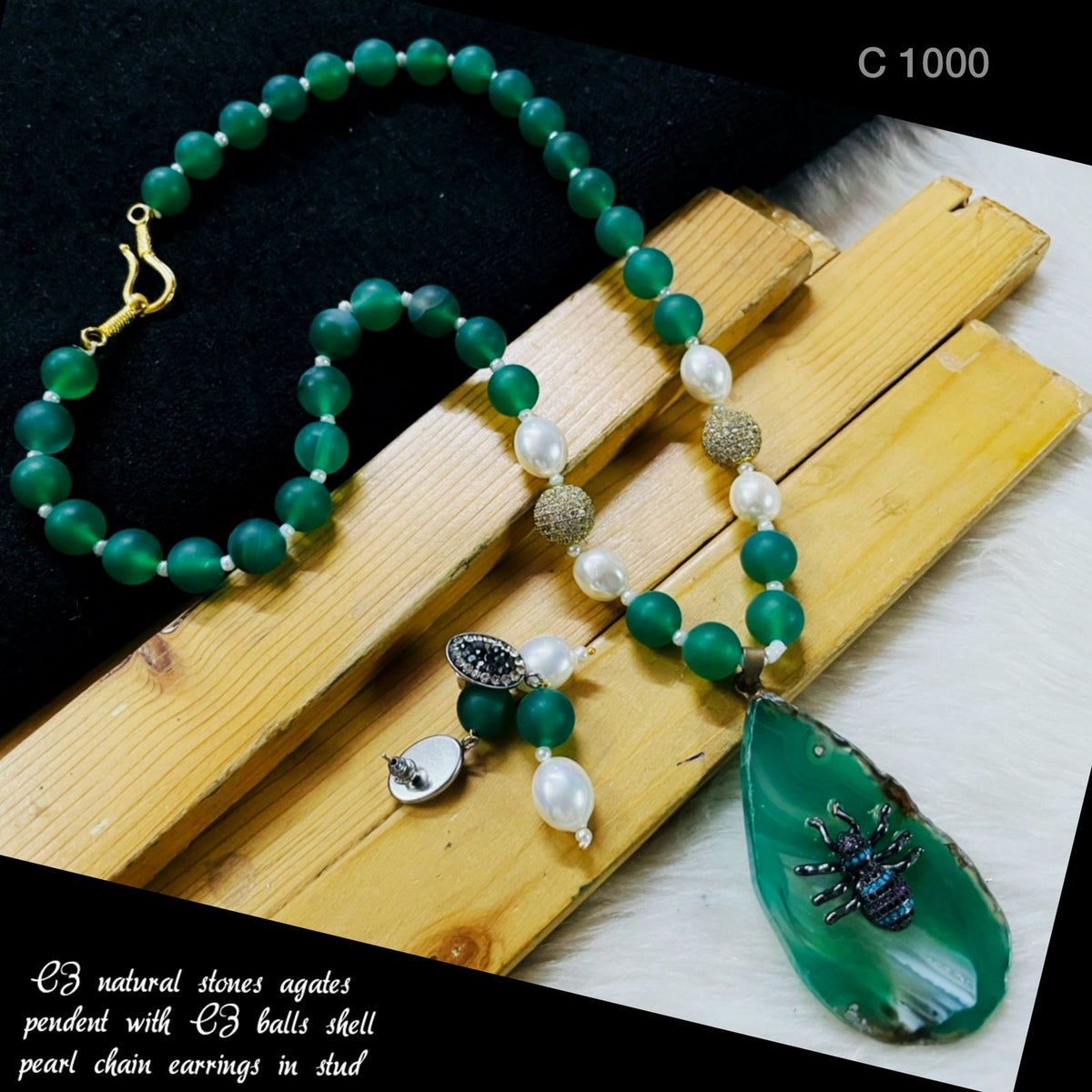 Cz natural pearl agate beads necklace earring set
