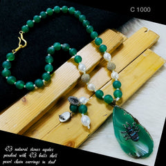 Cz natural pearl agate beads necklace earring set