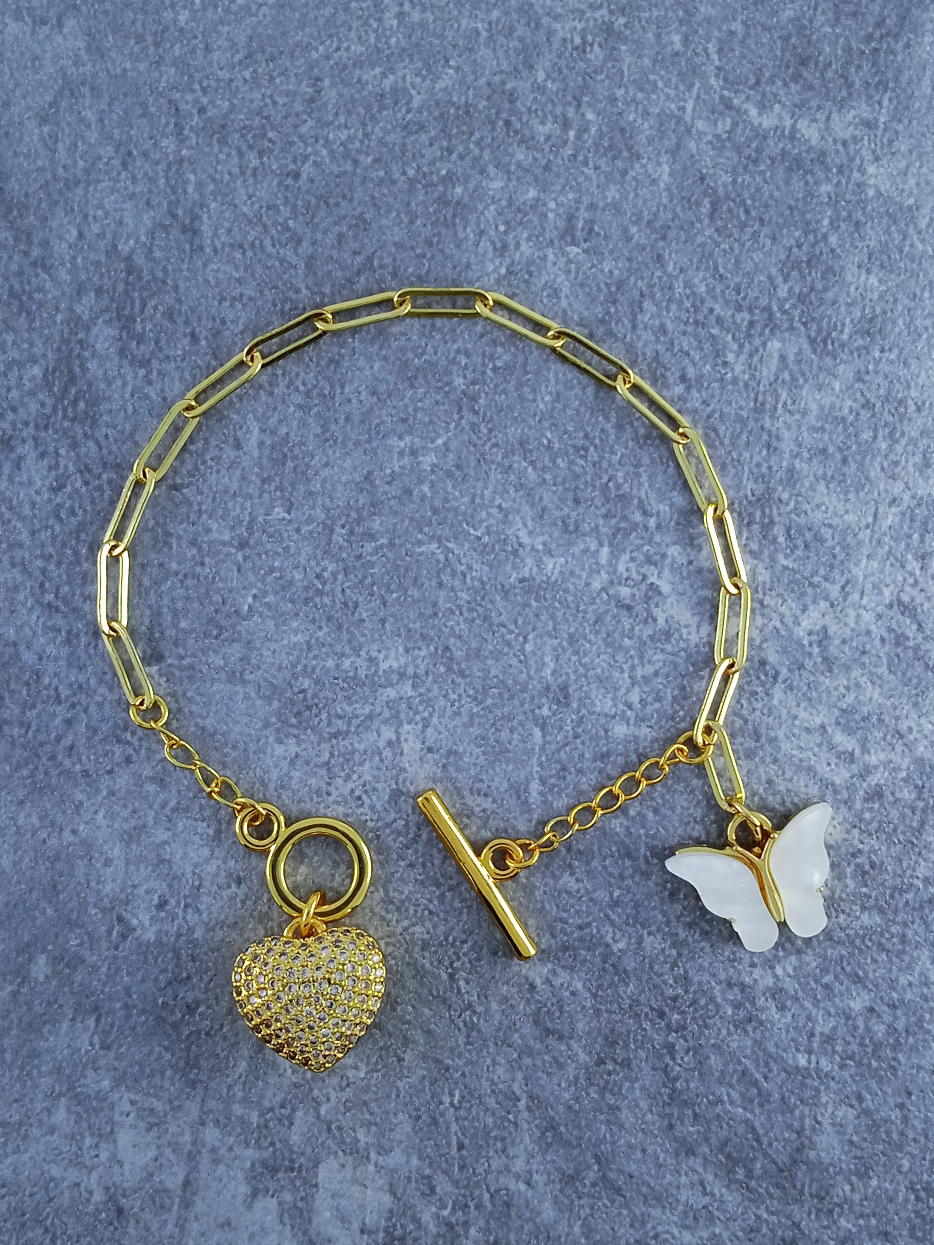 Butterfly Heart Copper Cubic Zirconia Gold Link Bracelet For Women
