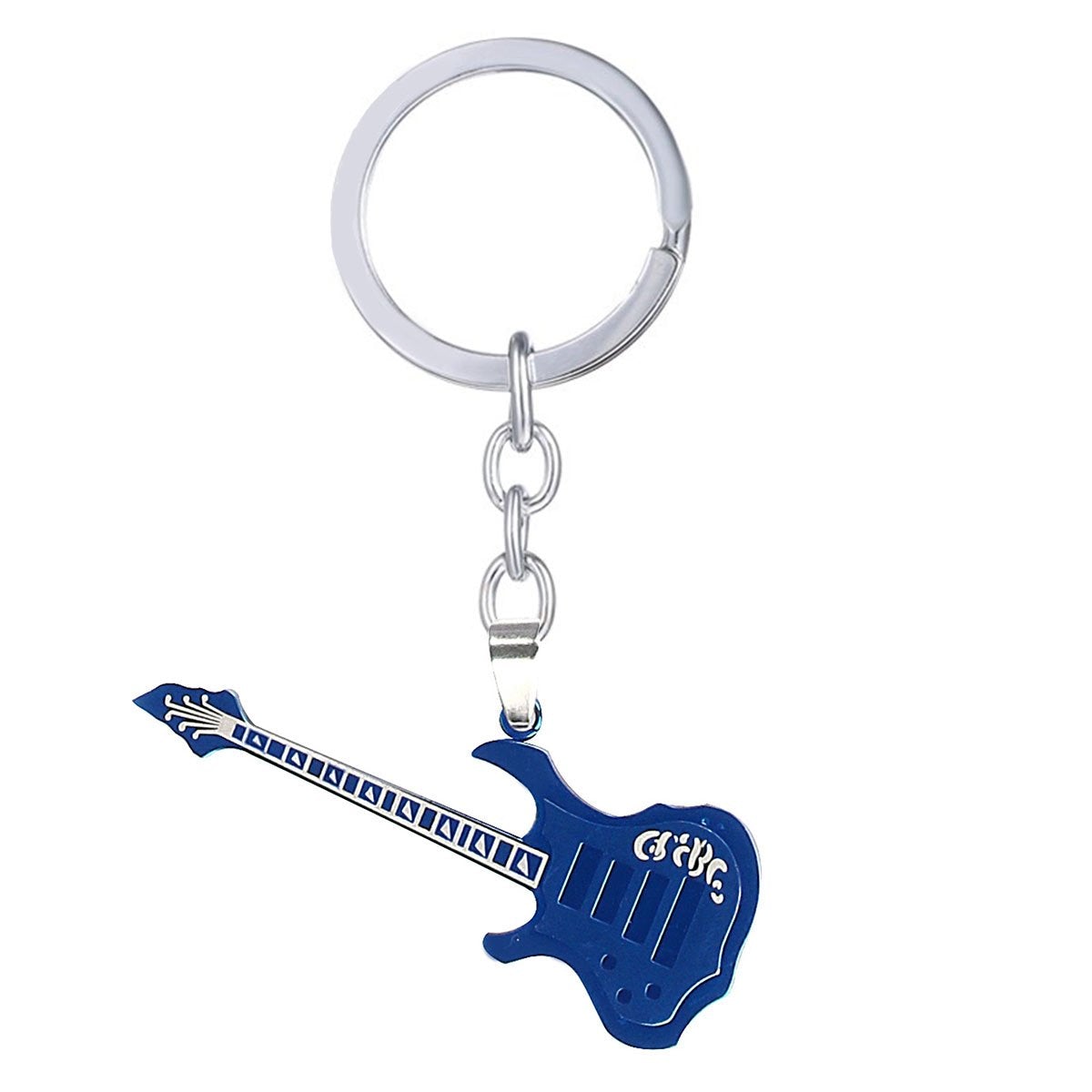 Stainless Steel Neon Blue Musical Guitar Key Chain Key Ring