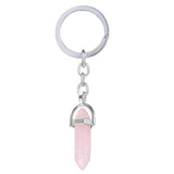 Hexagon Bullet Pencil Natural Rose Pink Quartz Crystal Stone Stainless Steel Key Chain