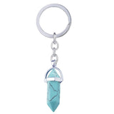 Hexagon Bullet Pencil Natural Blue Green Turquoise Crystal Stainless Steel Key Chain