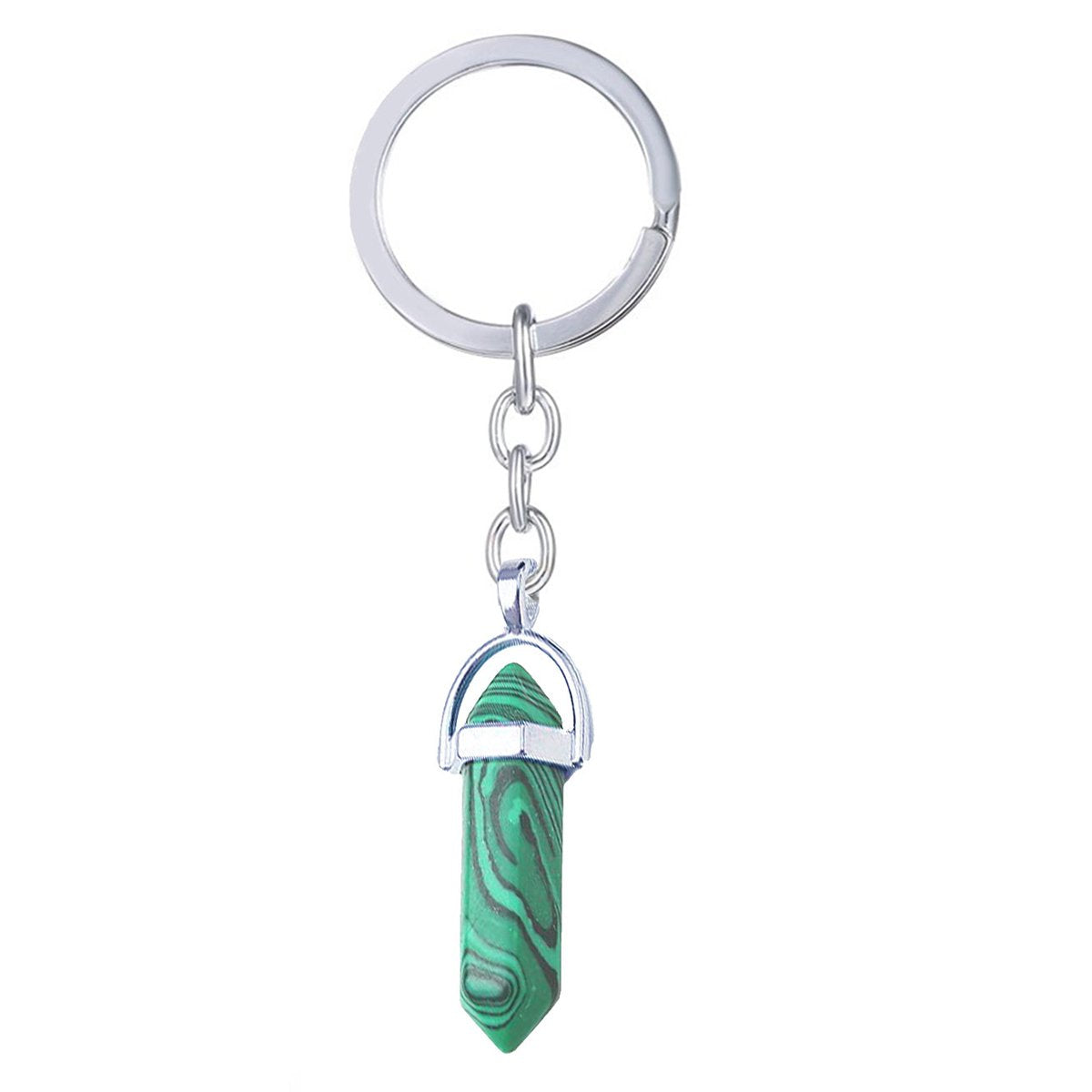 Hexagon Bullet Pencil Natural Green Stripes Malachite Crystal Stainless Steel Key chain
