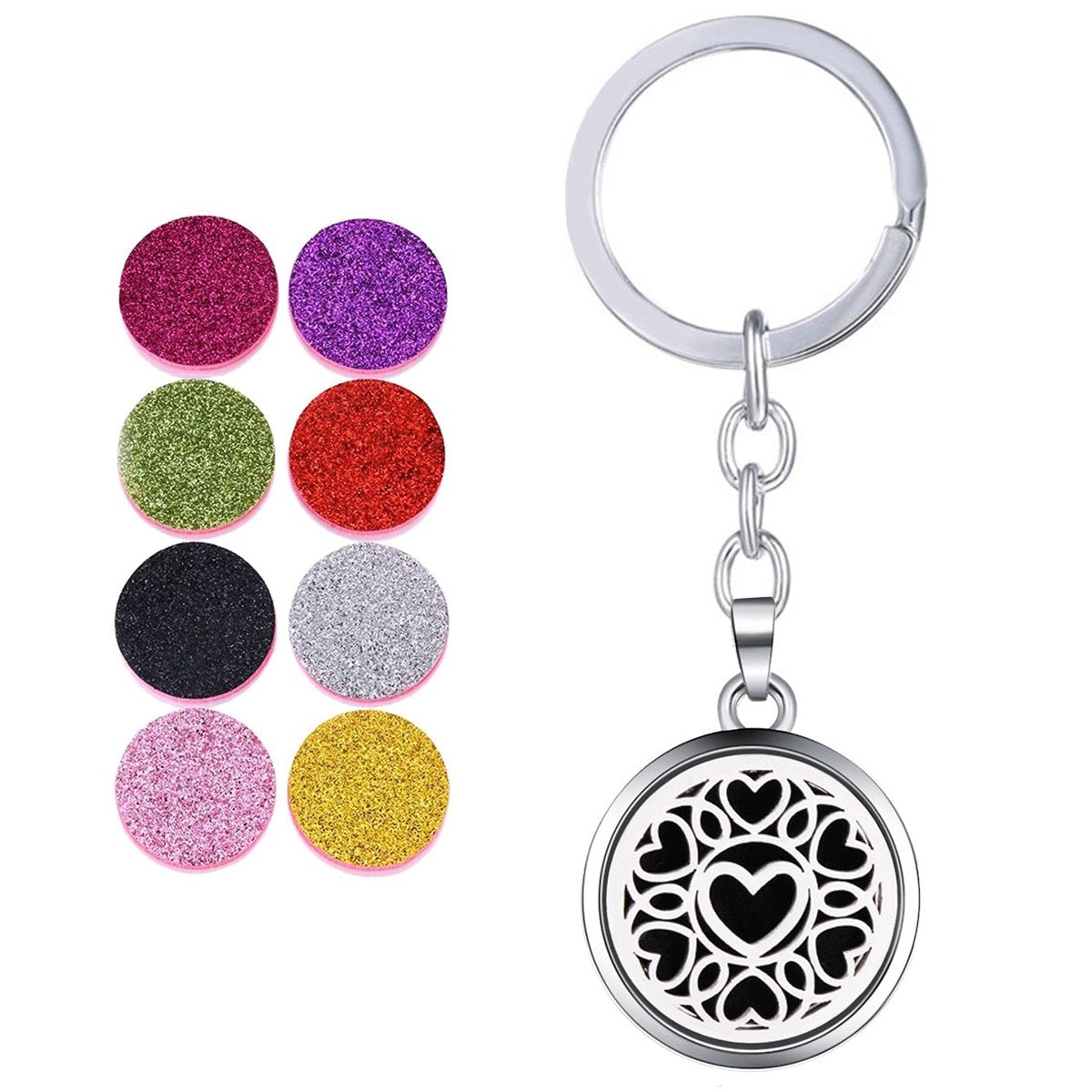 Love Heart Aroma Therapy Essential Oil Perfume Diffuser 8 Refill Pads Stainless Steel Key Chain