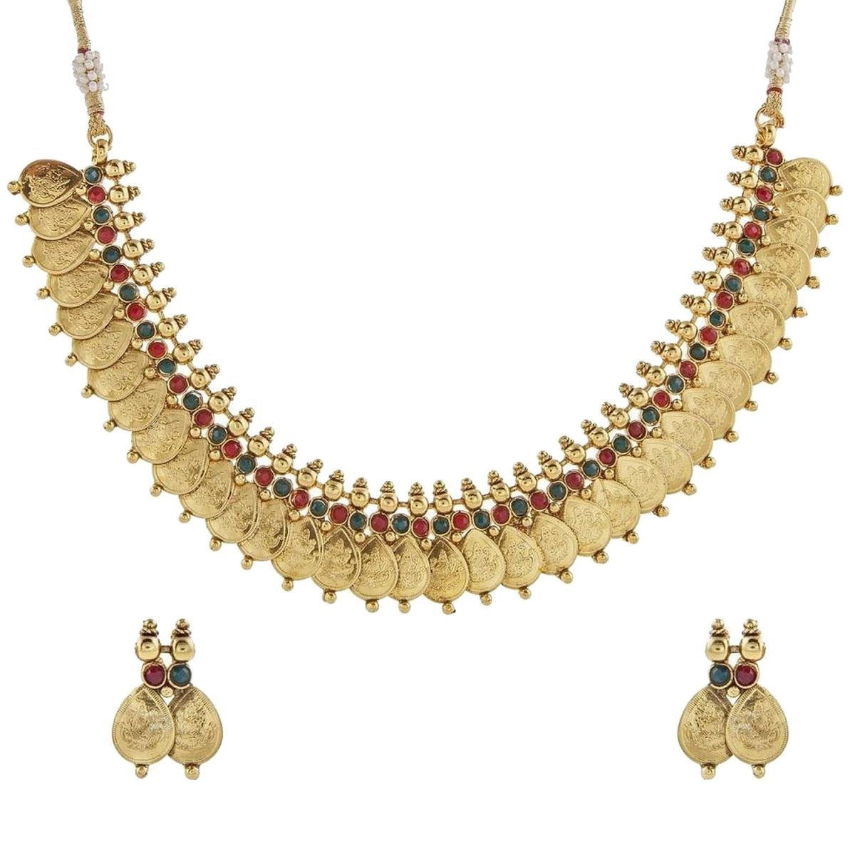 Red Green Lakshmi Gold Coin Temple Antique Necklace Earring Set
