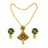 Red Green Kundan Pearl Antique 22K Gold Plated Pendant Earring Set