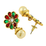 Red Green Kundan Pearl Antique 22K Gold Plated Pendant Earring Set