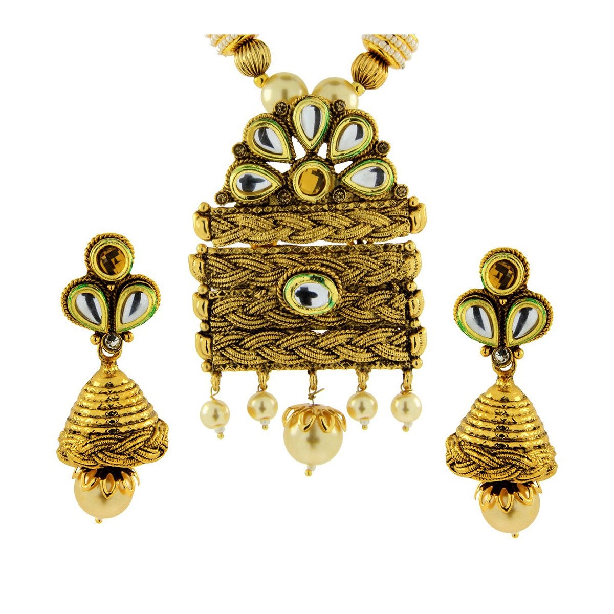 Temple Kundan Pearl Antique 22K Gold Plated Pendant Earring Set
