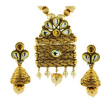 Temple Kundan Pearl Antique 22K Gold Plated Pendant Earring Set