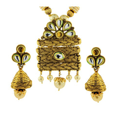 Temple Kundan Pearl Antique 22K Gold Plated Pendant Earring Set
