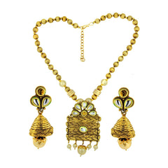 Temple Kundan Pearl Antique 22K Gold Plated Pendant Earring Set