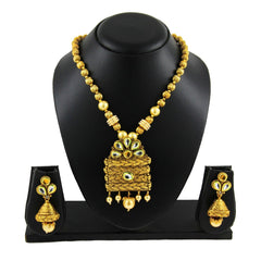 Temple Kundan Pearl Antique 22K Gold Plated Pendant Earring Set