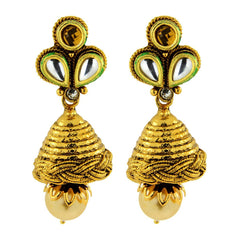 Temple Kundan Pearl Antique 22K Gold Plated Pendant Earring Set
