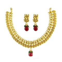 Red Temple Antique 22K Gold Plated Traditional Necklace Earring Set
