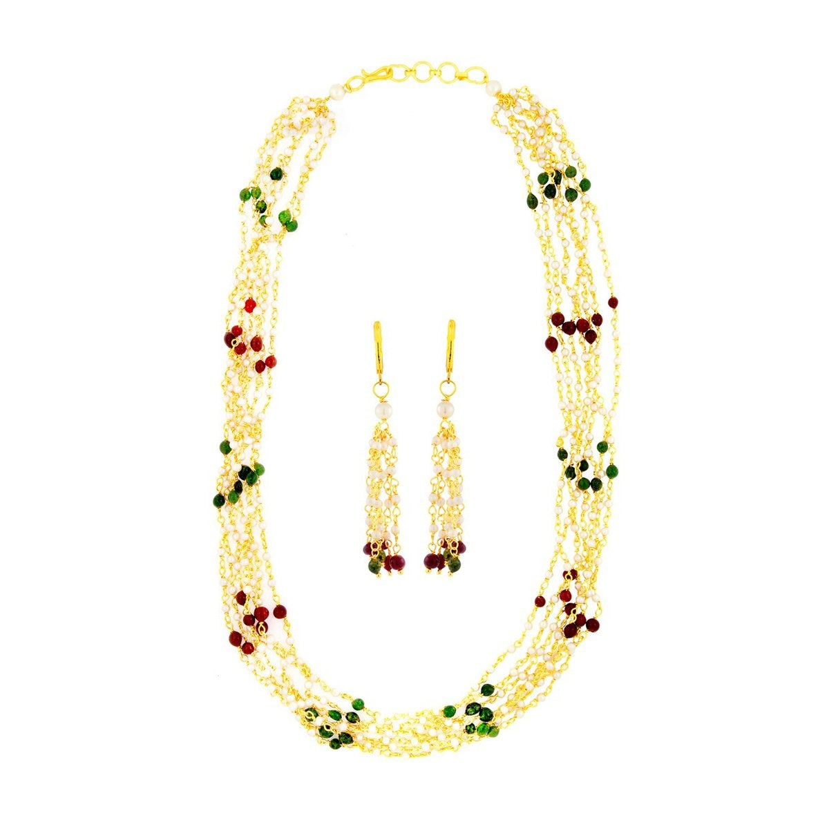 Long Beads Multi-Colour Brass Collar Necklace Earring Set For Women