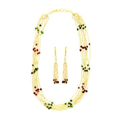 Long Beads Multi-Colour Brass Collar Necklace Earring Set For Women