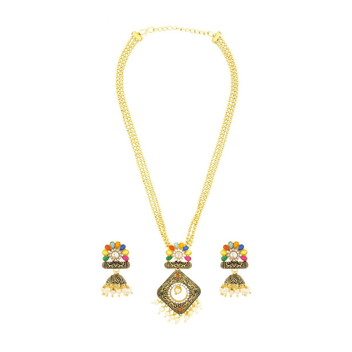 Diamond Filigree Multi-Colour Brass Pendant Chain Pendant Earring Set