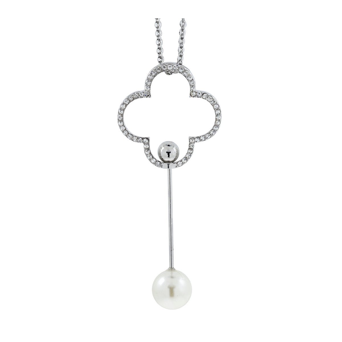 Curly Flower Pearl Cz American Diamond Long Chain Necklace