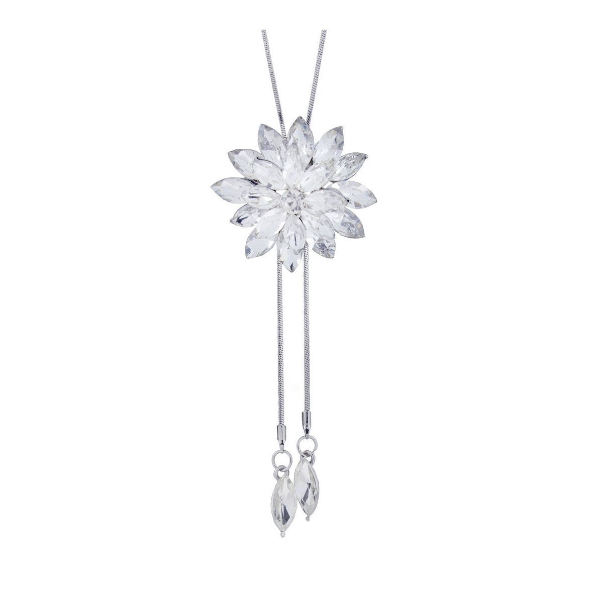 Dual Flower Crystal Pearl Cz American Diamond Long Chain Necklace