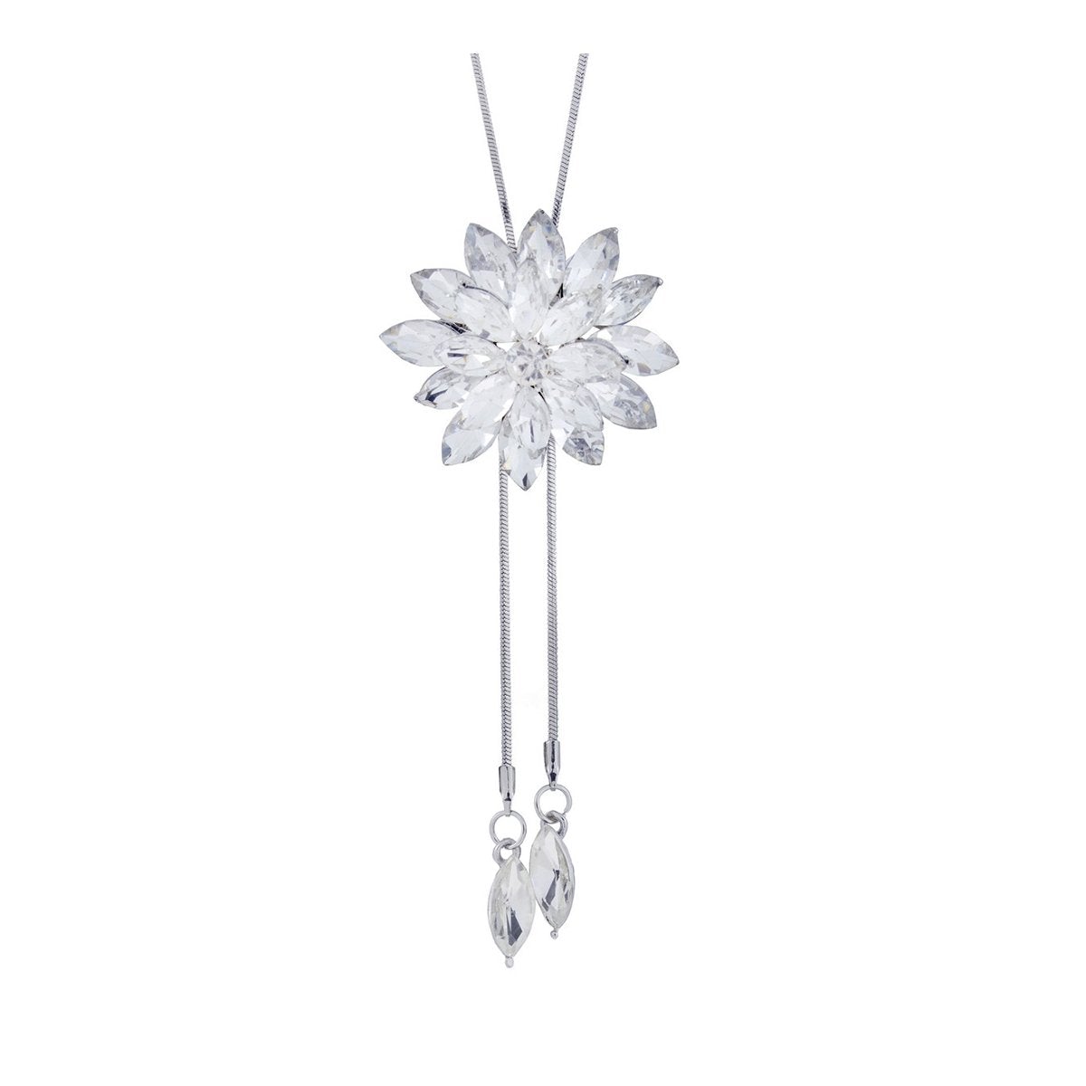 Dual Flower Crystal Pearl Cz American Diamond Long Chain Necklace