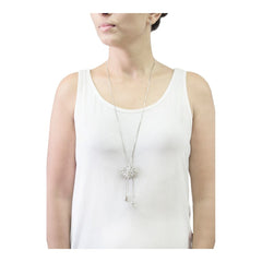 Dual Flower Crystal Pearl Cz American Diamond Long Chain Necklace