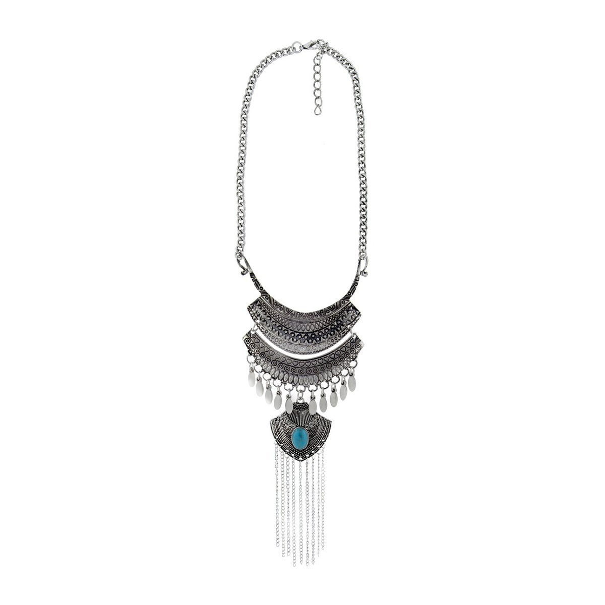 Tribal Bohemian Afghani Statement Crystal Oxidized Silver Necklace