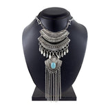 Tribal Bohemian Afghani Statement Crystal Oxidized Silver Necklace