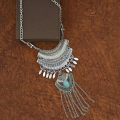 Tribal Bohemian Afghani Statement Crystal Oxidized Silver Necklace