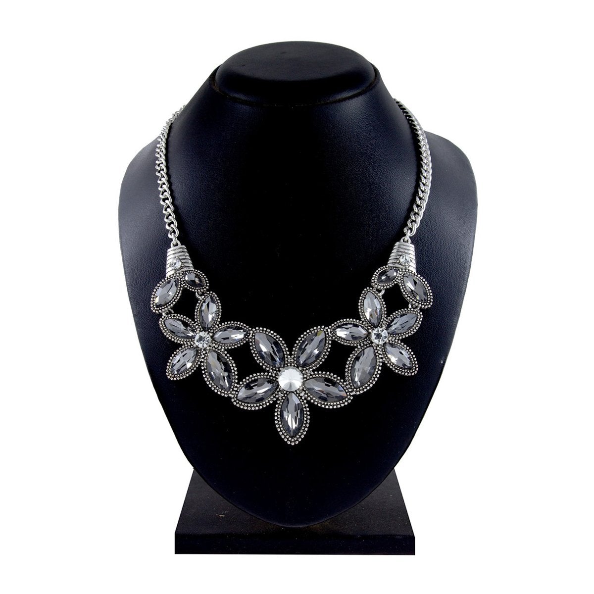 Large Flower Grey Crystal Antique Oxidized Slver Plated Necklace