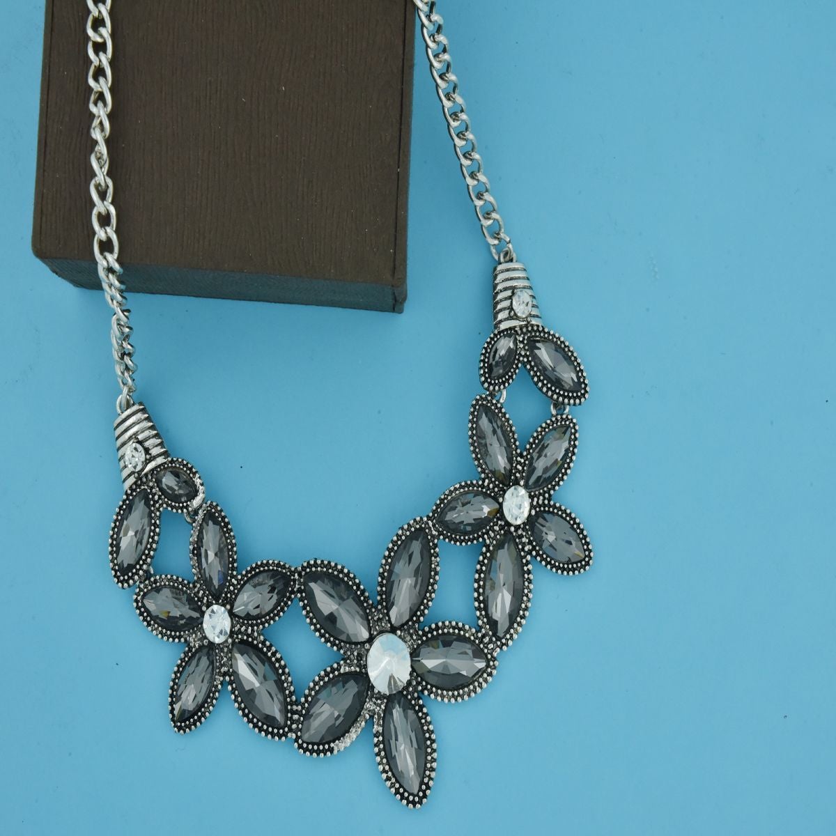 Large Flower Grey Crystal Antique Oxidized Slver Plated Necklace