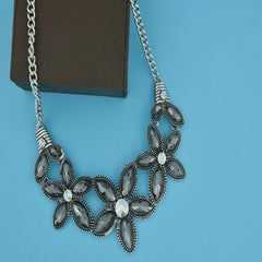 Large Flower Grey Crystal Antique Oxidized Slver Plated Necklace