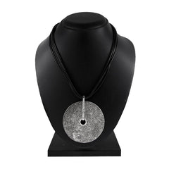 Studded Medallion Oxidized German Silver Antique Cz Pendant Necklace