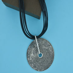 Studded Medallion Oxidized German Silver Antique Cz Pendant Necklace