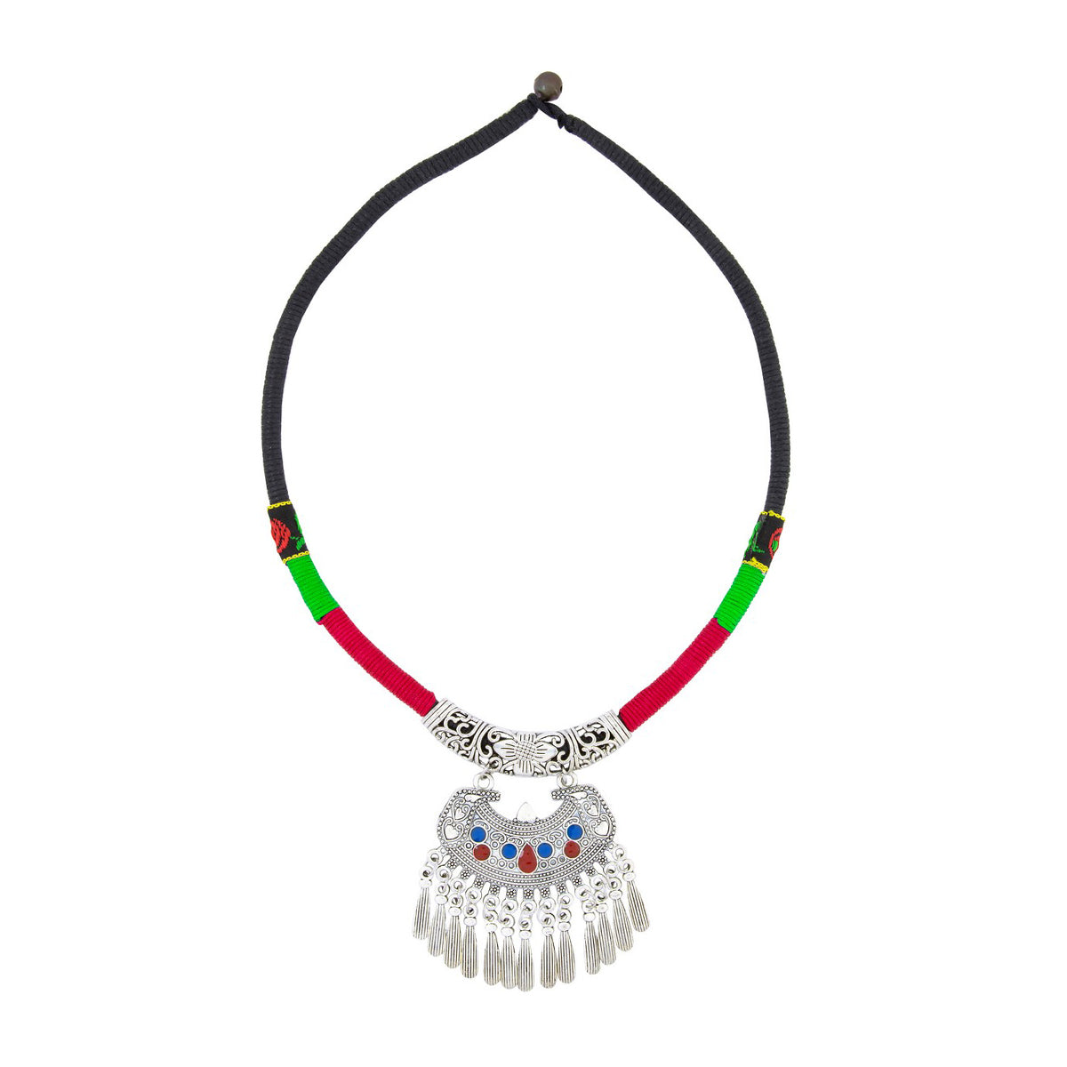 Tribal Tibetan Oxidised German Silver Enamel Filigree Thread Necklace