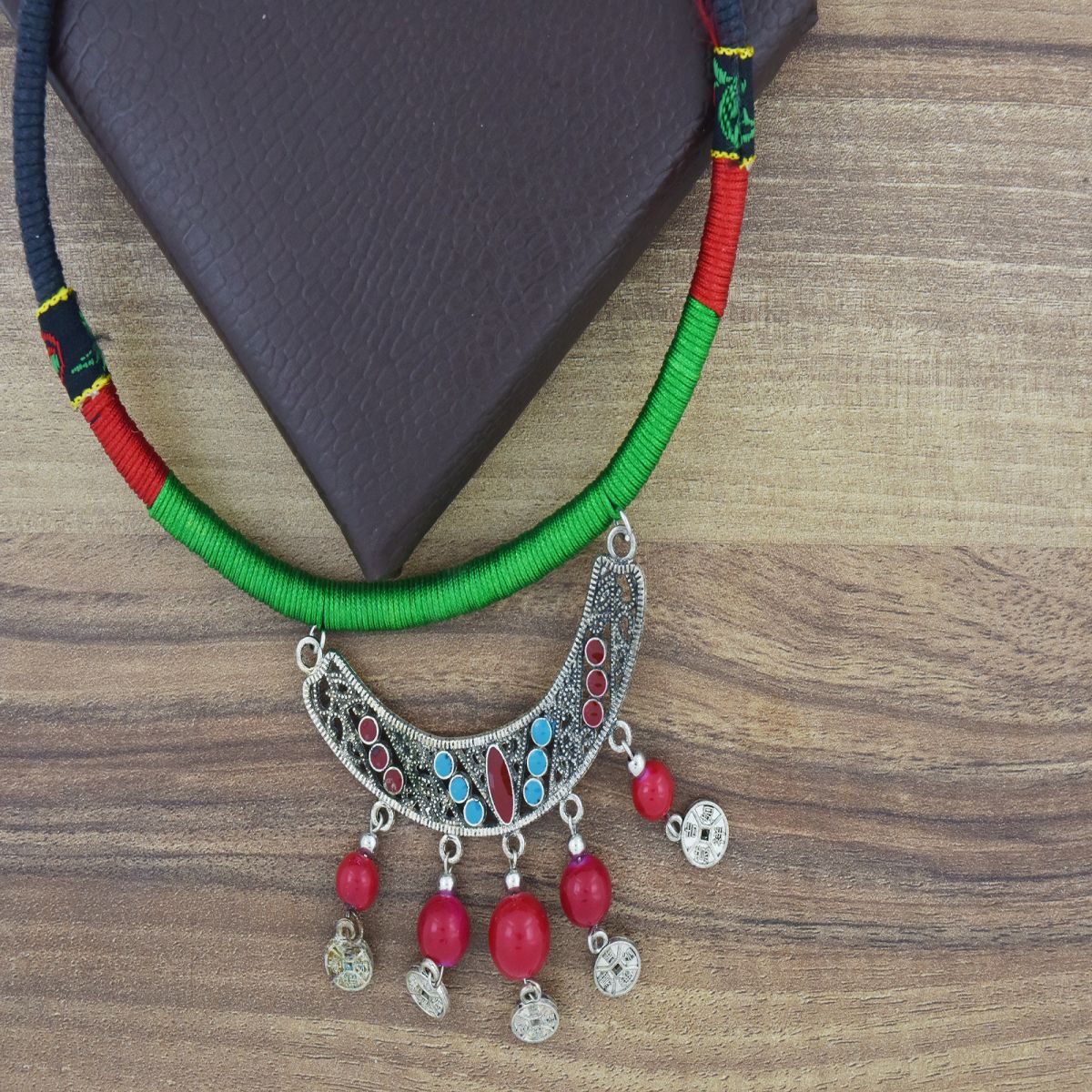 Tibetan Tribal Drop Oxidised German Silver Enamel Thread Necklace