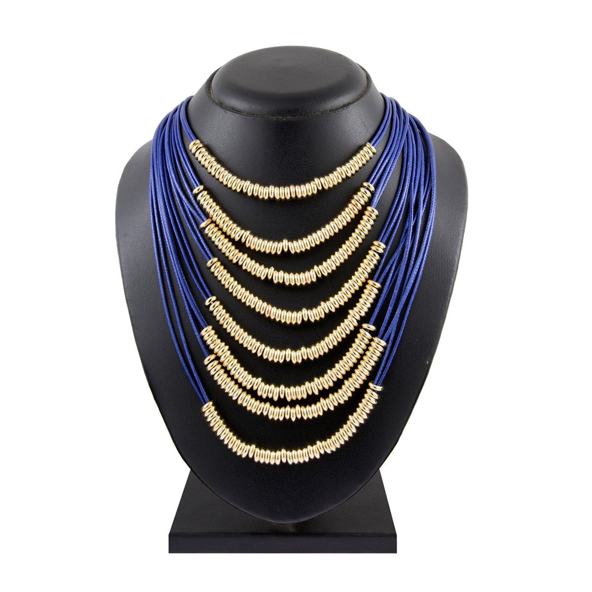 Italian Rings Multistrand 7 Layered Blue Nylon 18K Gold Long Necklace