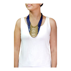 Italian Rings Multistrand 7 Layered Blue Nylon 18K Gold Long Necklace