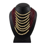 Italian Rings Multistrand 7 Layer Maroon Nylon Gold Statement Necklace