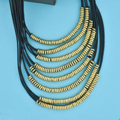 Italian Rings Multistrand 7 Layer Black Nylon Gold Statement Necklace