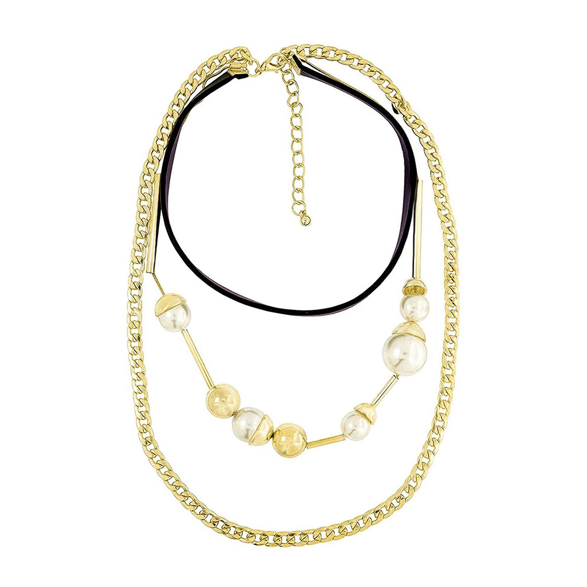 Italian Curb Pearl 18K Gold 3 Layer Statement Party Necklace Chain