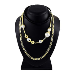 Italian Curb Pearl 18K Gold 3 Layer Statement Party Necklace Chain
