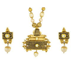 Ethnic Rectangle Kundan Pearl Pendant Chain Necklace Set Earring Set