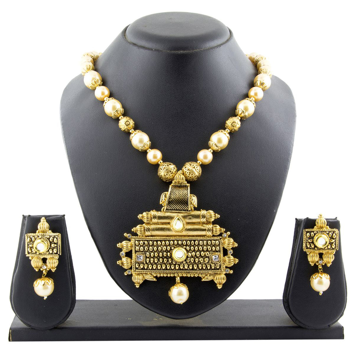 Ethnic Rectangle Kundan Pearl Pendant Chain Necklace Set Earring Set