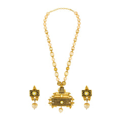 Ethnic Rectangle Kundan Pearl Pendant Chain Necklace Set Earring Set