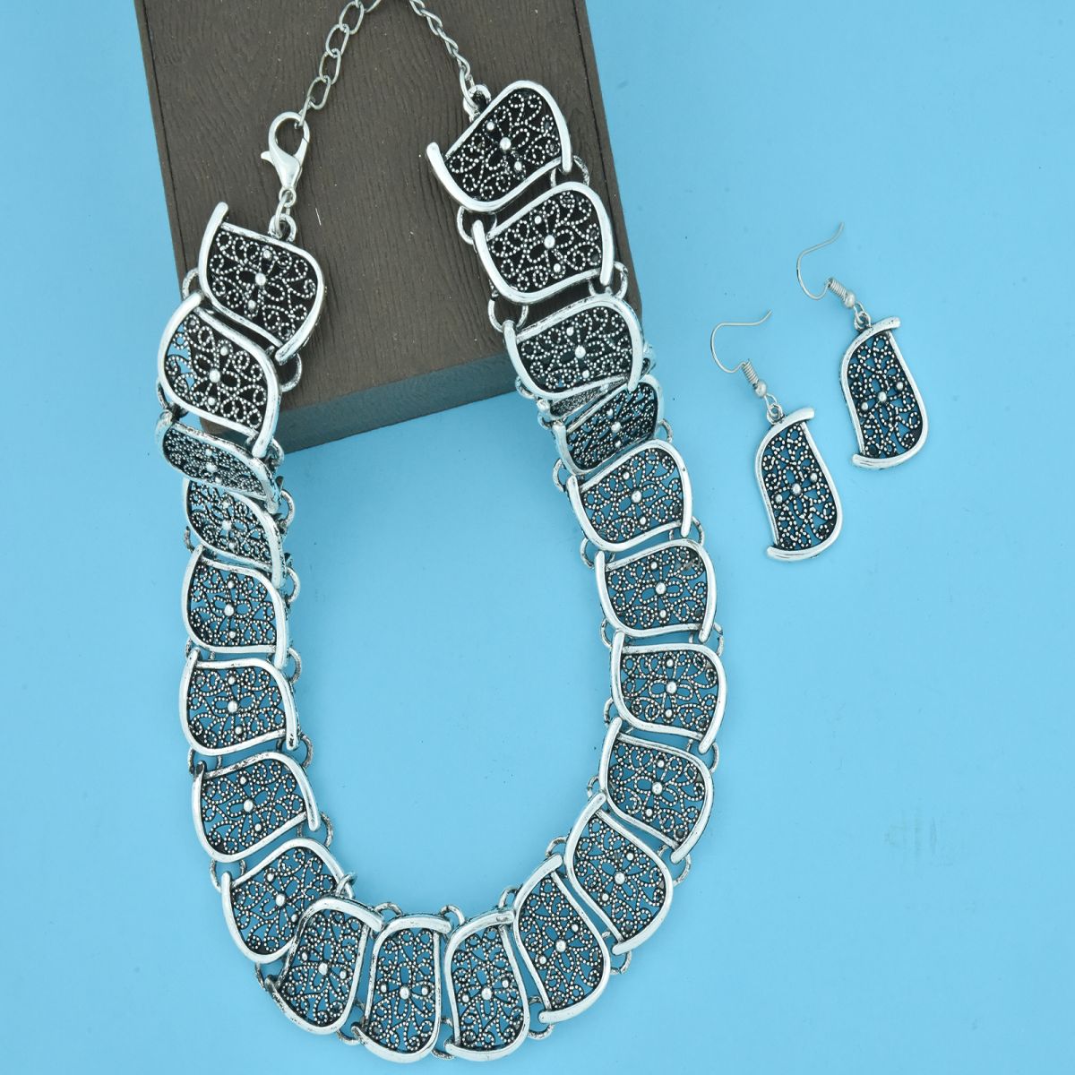 Flower Shape Oxidised German Silver Choker Necklace Earring Set