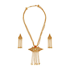 Temple Antique Kundan Red Pearl 22K Gold Earring Necklace Set