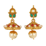 Traditional Temple Kundan Red Green Pearl Gold Earring Necklace Set