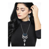 Drop Blue Black Beads Oxidised Brass Long Necklace Chain Earring Set